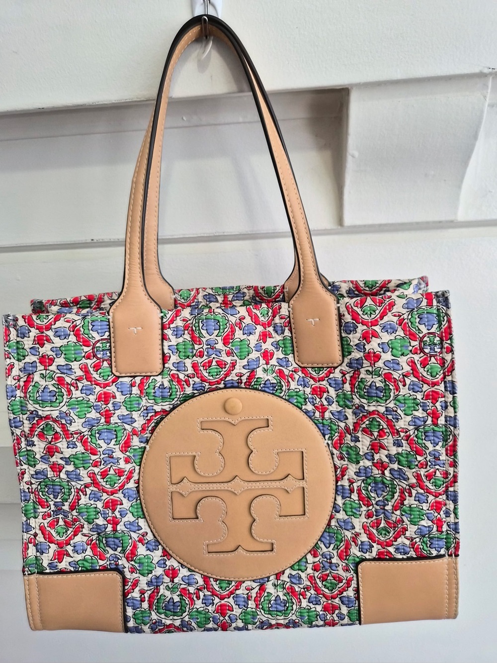 Tory Burch Multicolor Canvas Tote with Tan Leather Logo.